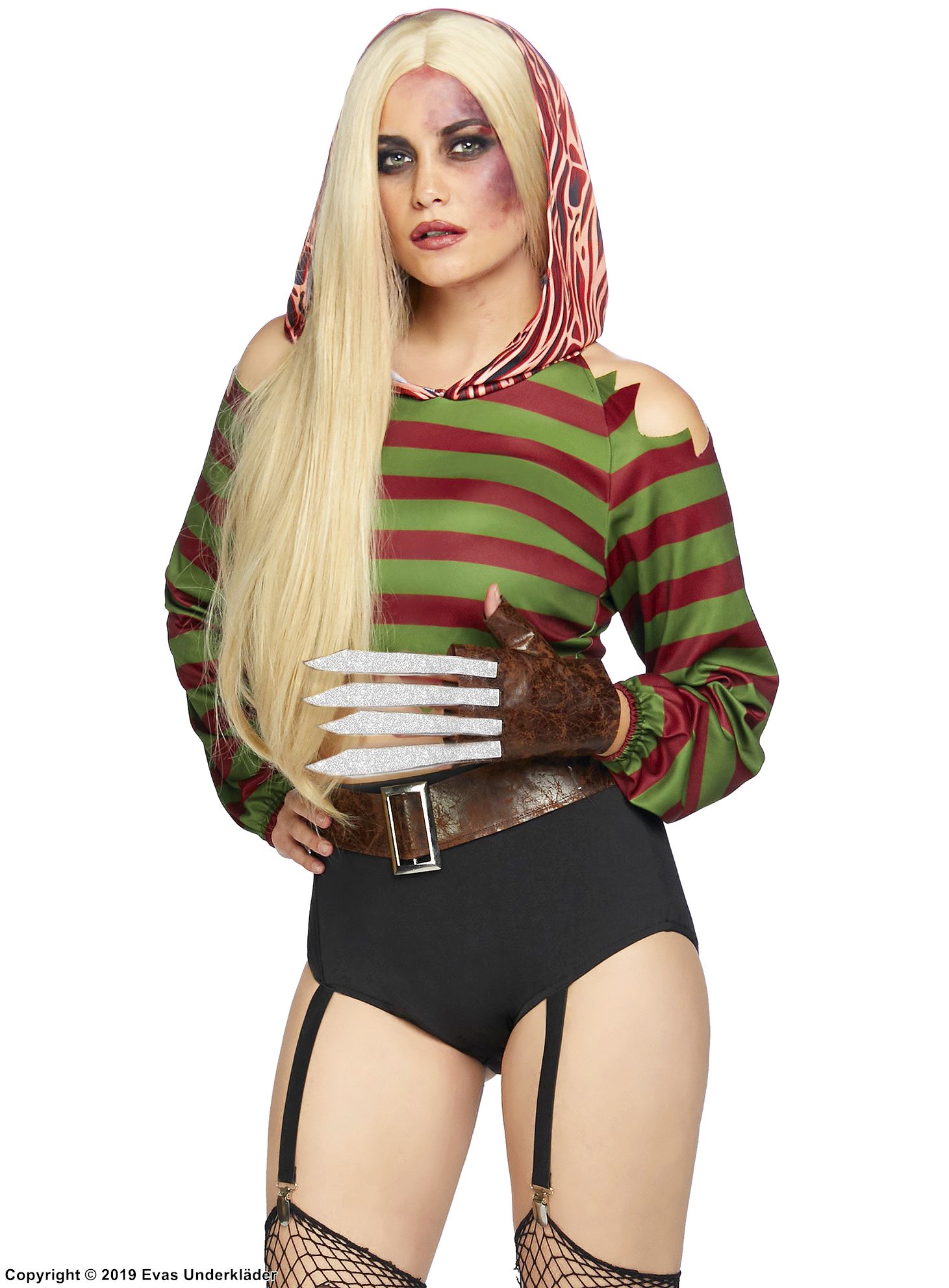 Female Freddy Kruger, top and shorts costume, hood, cold shoulder, horizontal stripes